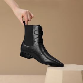 时尚个性，加绒保暖尖头真皮拼接低跟短靴XL794