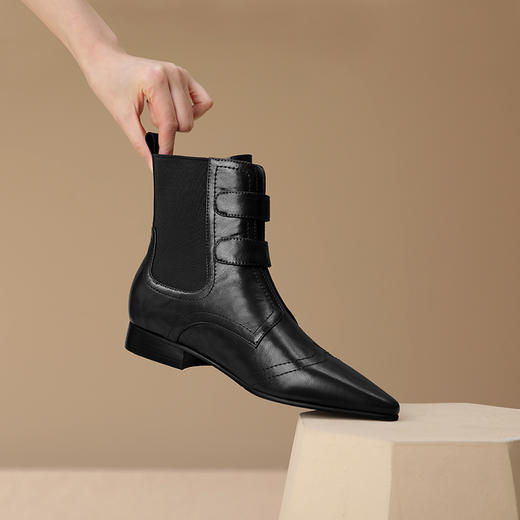 时尚个性，加绒保暖尖头真皮拼接低跟短靴XL794 商品图0