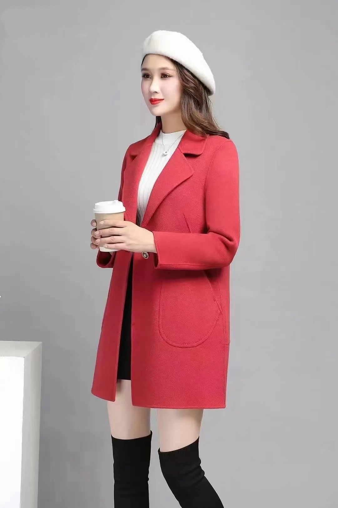 D6093       简约气质高端百搭中长款双面羊绒大衣外套