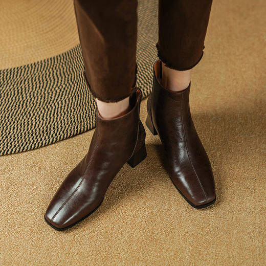 简约百搭，法式优雅粗跟后拉链短靴PS2151 商品图0