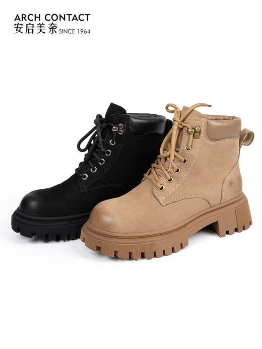 【美拉德色系百搭 足弓设计 】 ARCHCONTACT安启美奈加绒系带马丁女靴 真皮面料 亲肤透气不臭脚 足弓设计走路更舒适 商品图1