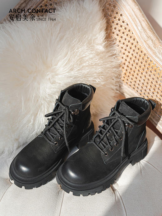 【美拉德色系百搭 足弓设计 】 ARCHCONTACT安启美奈加绒系带马丁女靴 真皮面料 亲肤透气不臭脚 足弓设计走路更舒适 商品图2