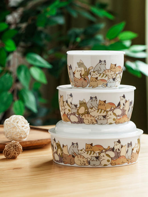 千代源陶瓷便当盒保鲜碗带盖日式家用上班微波炉加热饭盒懒猫保鲜碗LM套餐 商品图1