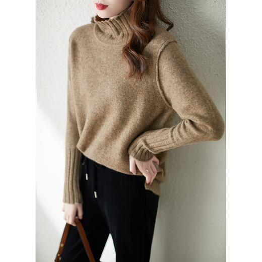 重磅耗牛绒毛衣女2023秋季新款宽松套头慵懒风高领开叉针织衫 商品图3