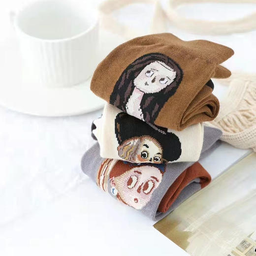 卡通高筒蒙娜丽莎袜子男女个性彩色创意袜子女韩版文艺中筒袜 商品图3