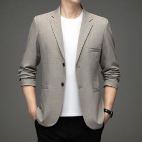 春秋季男士翻领休闲西服中年亚麻纯色宽松爸爸装商务西装