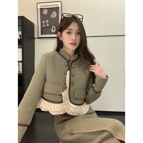 秋冬【小香风设计感拼接外套】中长款开叉半身裙+小香风外套 两件单品