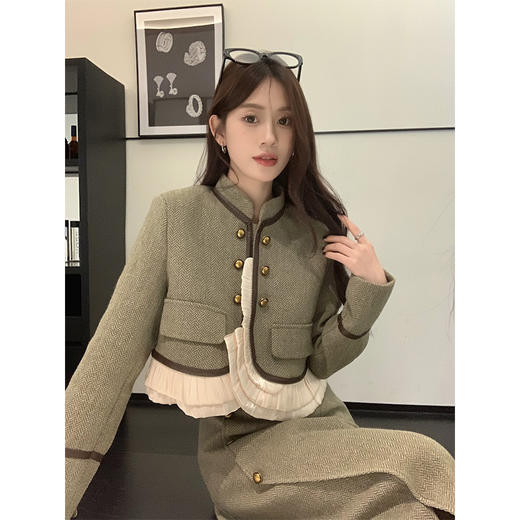 秋冬【小香风设计感拼接外套】中长款开叉半身裙+小香风外套 两件单品 商品图0