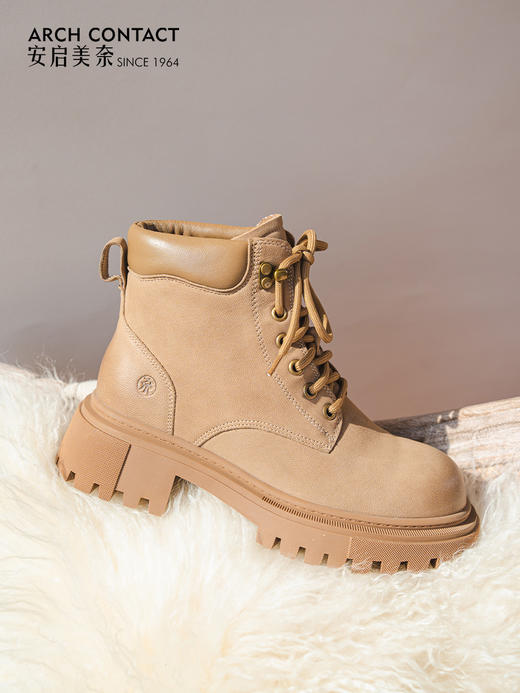 【美拉德色系百搭 足弓设计 】 ARCHCONTACT安启美奈加绒系带马丁女靴 真皮面料 亲肤透气不臭脚 足弓设计走路更舒适 商品图3