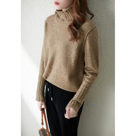 重磅耗牛绒毛衣女2023秋季新款宽松套头慵懒风高领开叉针织衫