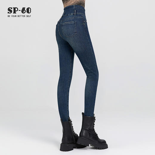 SP68三粒扣深蓝色高腰加绒小脚牛仔裤K-NZ393 商品图3