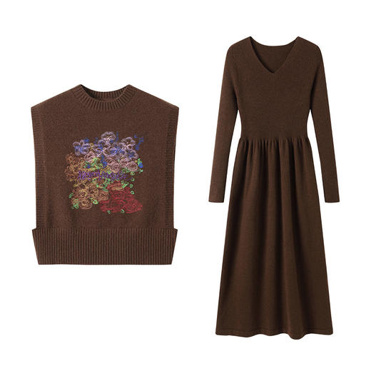 秋冬新款，刺绣针织背心连衣裙真两件套女装气质毛衣裙套装裙CC-22-2309 商品图4