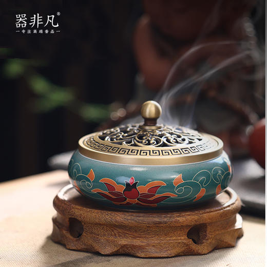 金莲彩绘铜香炉香插 熏香炉家用室内盘香 商品图3