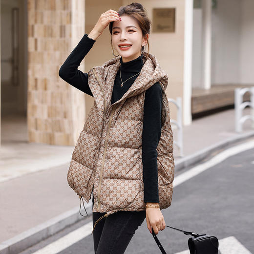 HR WW83339气质时尚字母印花宽松显瘦羽绒马甲连帽外套 商品图2