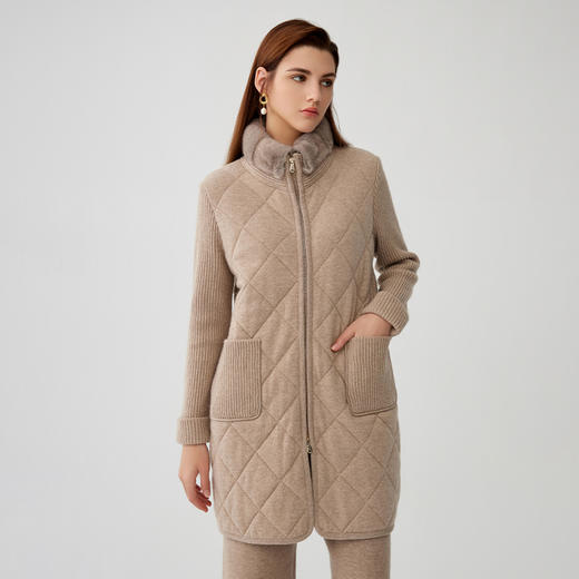 【中长款水貂毛领羊绒外套】羊绒世家秋冬新品女士100%羊绒外套拼接气质款外套 商品图1