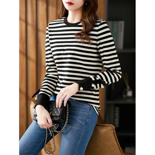 长袖条纹针织打底衫女 2023春季新款韩版宽松百搭长袖t恤女 商品图3