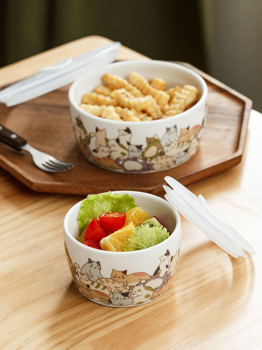 千代源陶瓷便当盒保鲜碗带盖日式家用上班微波炉加热饭盒懒猫保鲜碗LM套餐 商品图2