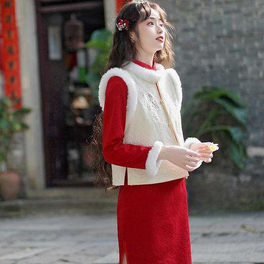 冬季提花加绒旗袍，改良中式复古国风马甲日常休闲旗袍HYM-23533 商品图1