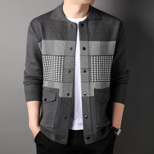春秋季长袖男士针织开衫中青年潮流休闲男装格子外套 商品图0