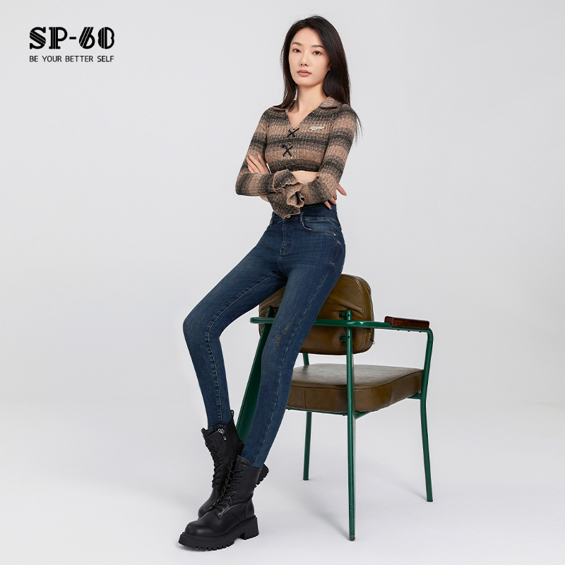 SP68三粒扣深蓝色高腰加绒小脚牛仔裤K-NZ393