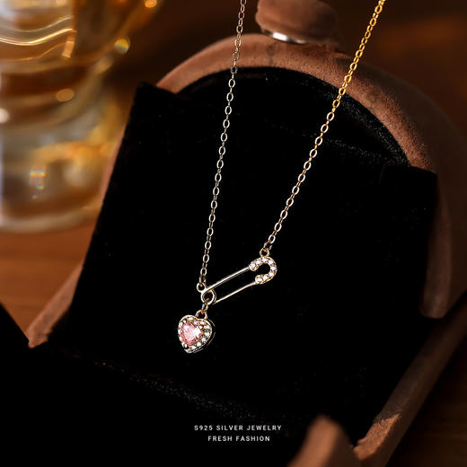 【回心转意】S925银粉色锆石爱心加回形针项链【YXS-A3034】 商品图1