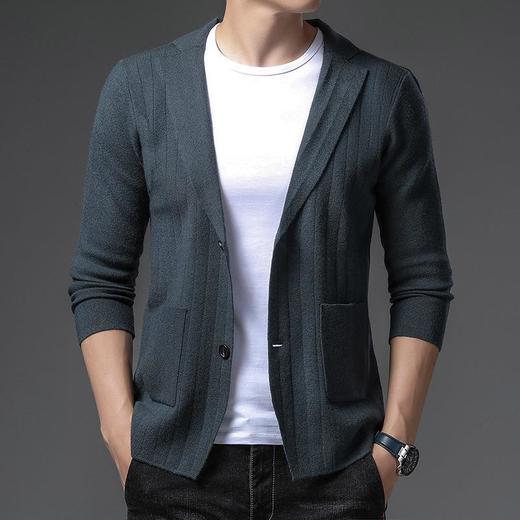 春秋季男士竖条长袖休闲西装领毛呢开衫外套男装西服上衣 商品图0