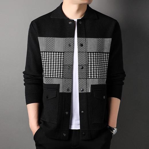 春秋季长袖男士针织开衫中青年潮流休闲男装格子外套 商品图1