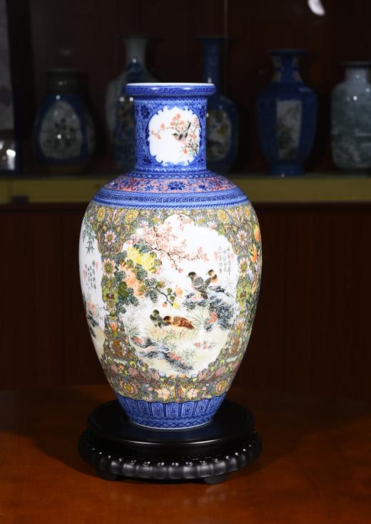 釉中彩开光花鸟直口瓶 商品图0