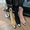 BEQUEENSTORY配饰 复古羊皮拼接尖头亮面粗跟6cm法式靴时尚靴子 商品缩略图1