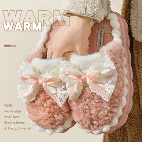 「四款配色！法式复古风」蝴蝶结棉拖鞋女士冬季保暖防滑室内家居2023新款厚底毛毛拖鞋冬天