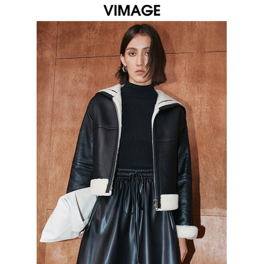 VIMAGE纬漫纪冬季新款羊毛皮革一体保暖大衣外套女V2093604 商品图2