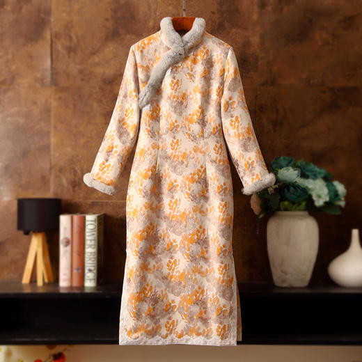 冬季加绒加厚保暖连衣裙，新款兔毛立领复古文艺修身改良旗袍裙ZSM-231125 商品图0