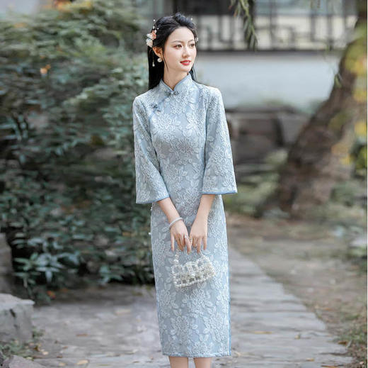 ZAYS-5188冬季羽毛纱改良倒大袖旗袍日常年轻淑女气质旗袍批发 商品图0