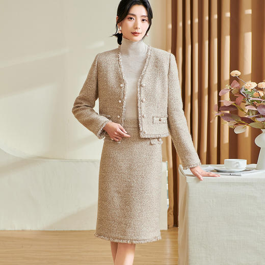 米思阳2025冬季新款小香风气质呢子外套两件套毛边裙子套装女3649 商品图2