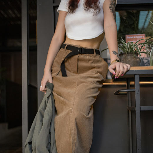 马登美拉德式复古灯芯绒秋冬棕绿色中长裙显瘦开叉包臀半身裙女 商品图4