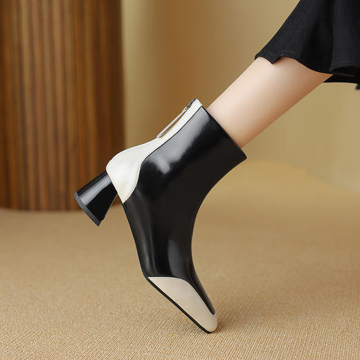 爆款百搭，拼接撞色真皮保暖粗跟短靴DTN-A1021-1 商品图7