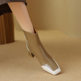 爆款百搭，拼接撞色真皮保暖粗跟短靴DTN-A1021-1