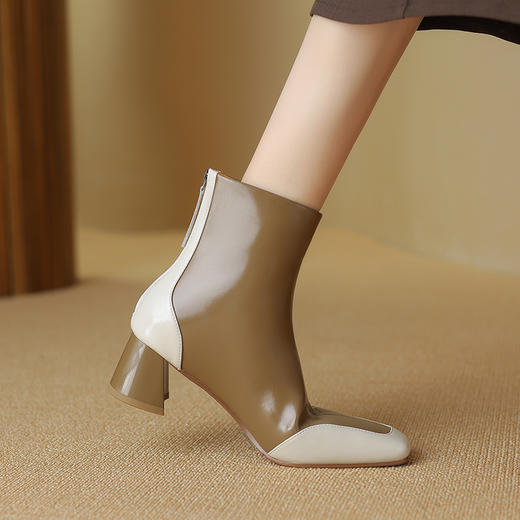 爆款百搭，拼接撞色真皮保暖粗跟短靴DTN-A1021-1 商品图3