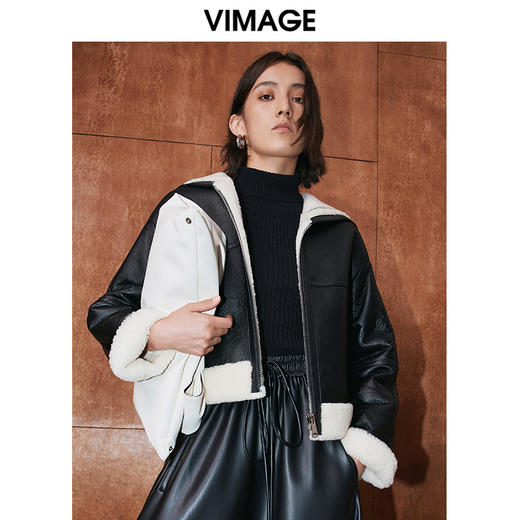VIMAGE纬漫纪冬季新款羊毛皮革一体保暖大衣外套女V2093604 商品图0