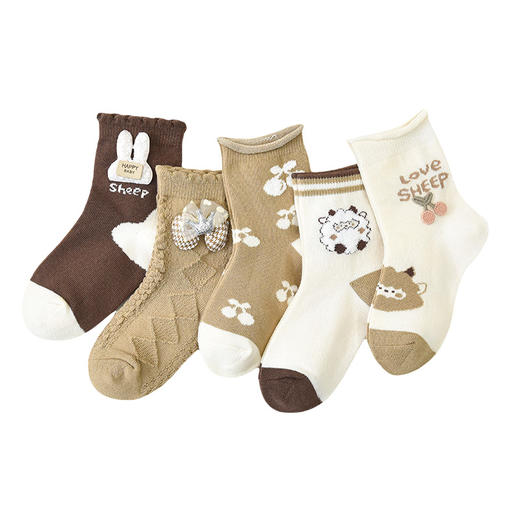 洁丽雅5双装童袜中筒袜子儿童袜新疆棉可爱印花亲肤柔软袜子韩系 商品图5