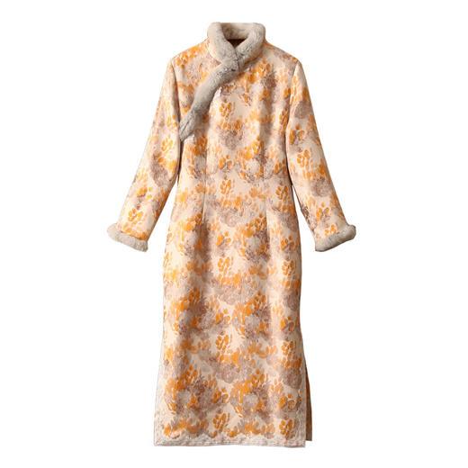 冬季加绒加厚保暖连衣裙，新款兔毛立领复古文艺修身改良旗袍裙ZSM-231125 商品图4