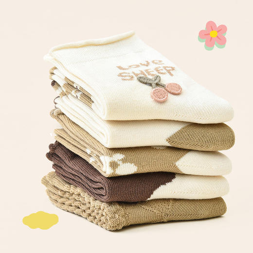 洁丽雅5双装童袜中筒袜子儿童袜新疆棉可爱印花亲肤柔软袜子韩系 商品图4