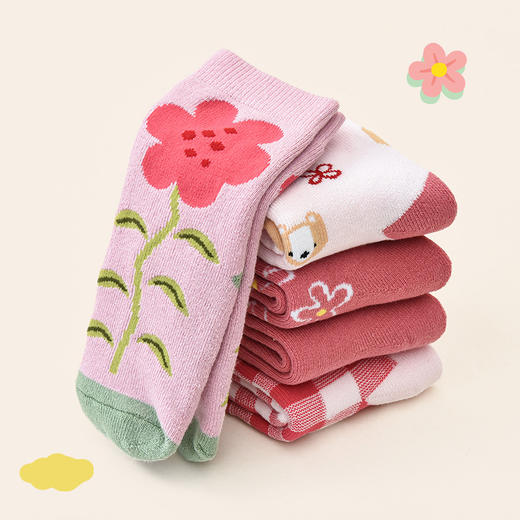 洁丽雅5双装童袜中筒袜子儿童袜新疆棉可爱印花毛圈加厚袜子韩系 商品图4