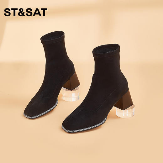 星期六简约粗高跟时装靴弹力靴SS34116578 商品图0