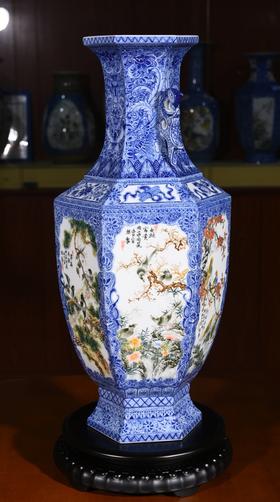 青花开窗花鸟六方双耳瓶