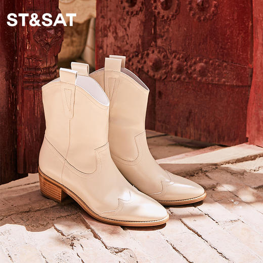 星期六气质尖头V口粗跟西部短靴SS34116515 商品图1