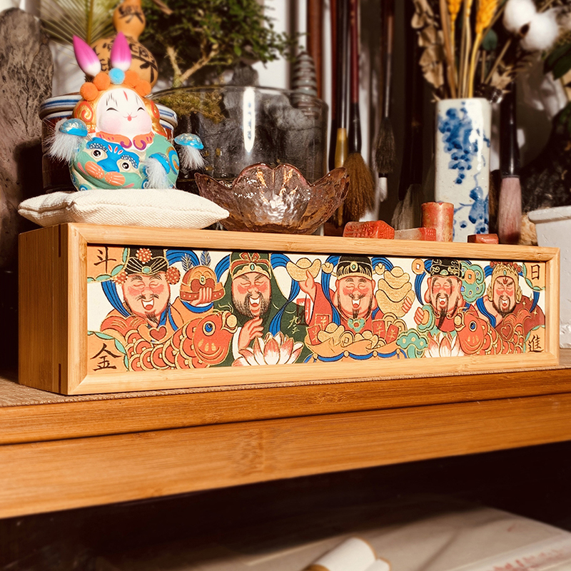 五路财神《日进斗金图》艺术复刻版|竹制多用文盒