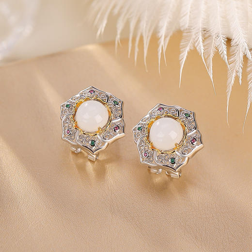 【清扬婉兮】S925银镀金和田玉白玉花丝如意镂空戒指耳钉【CW-ED02938】 商品图2