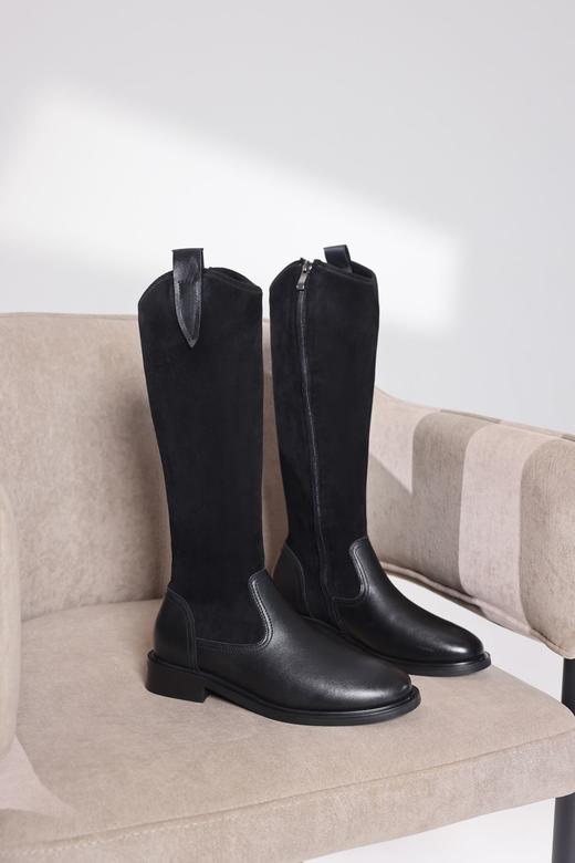 JEHURFIE复古拼接长筒靴头层牛皮法式优雅西部靴AB22971 商品图4