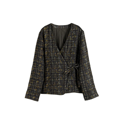 绽放850/【IP兰州系列】人字纹亚麻真丝拼接斜开襟新中式棉服棉衣 商品图3